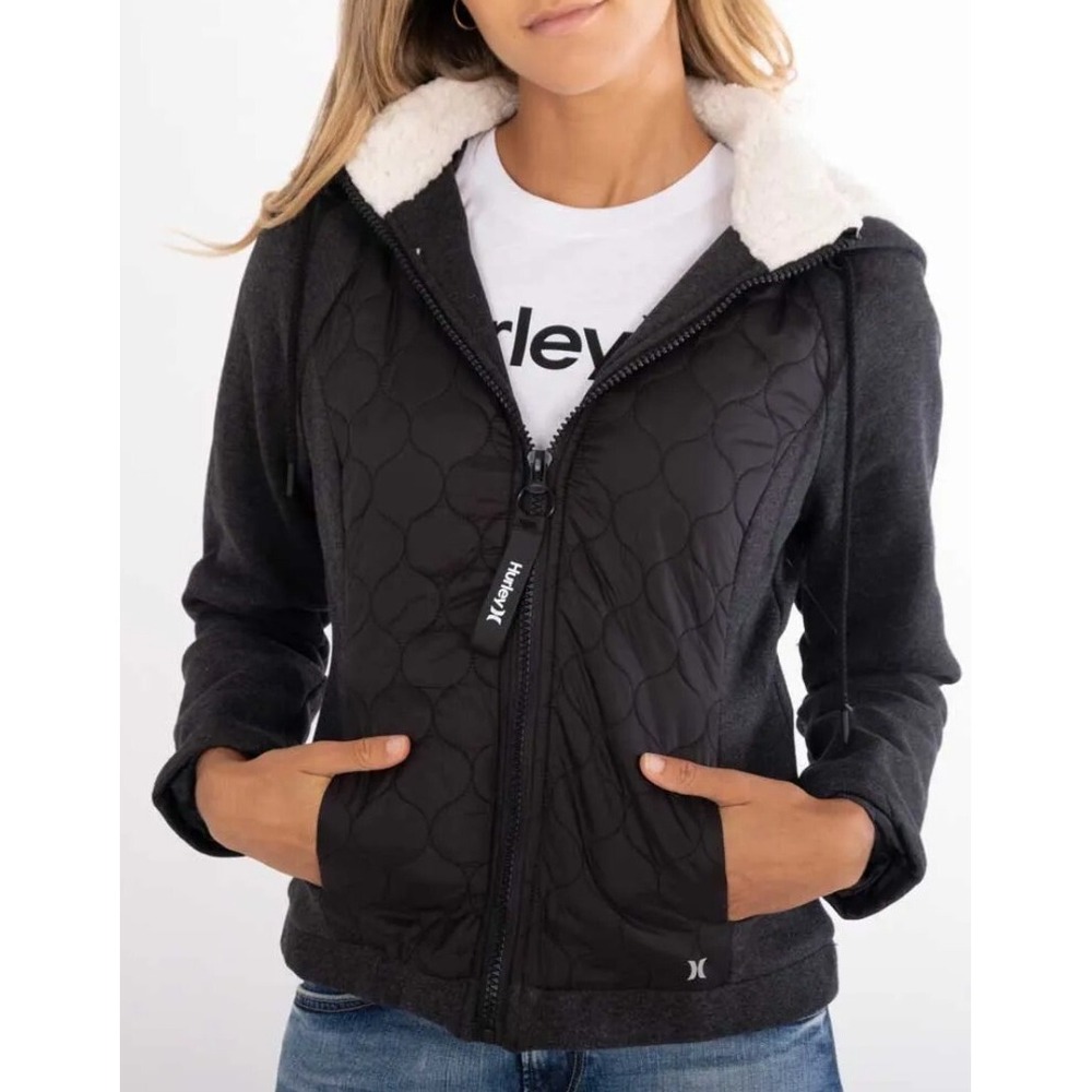 Women's Black Hurley Sherpa-Lined Hooded Lightweight Zip‎ Up Jacket Small EUC
